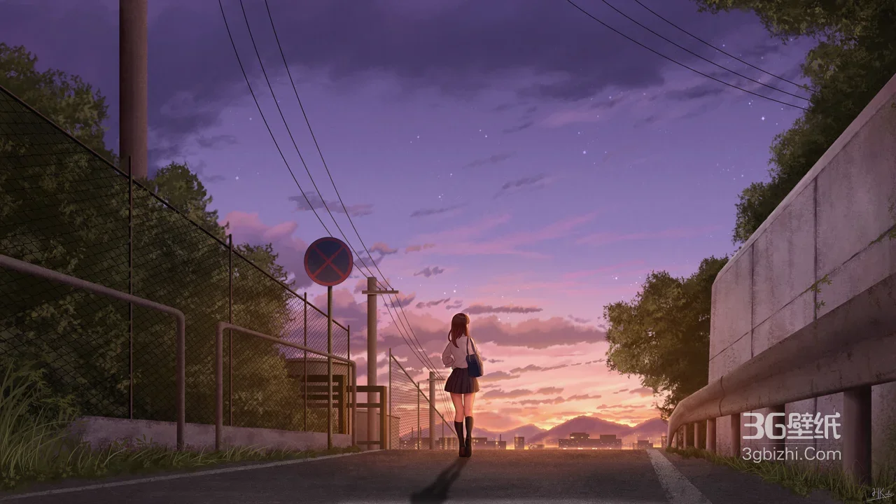 JK少女·黄昏街道漫步 唯美二次元插画 黄昏远山电脑壁纸1