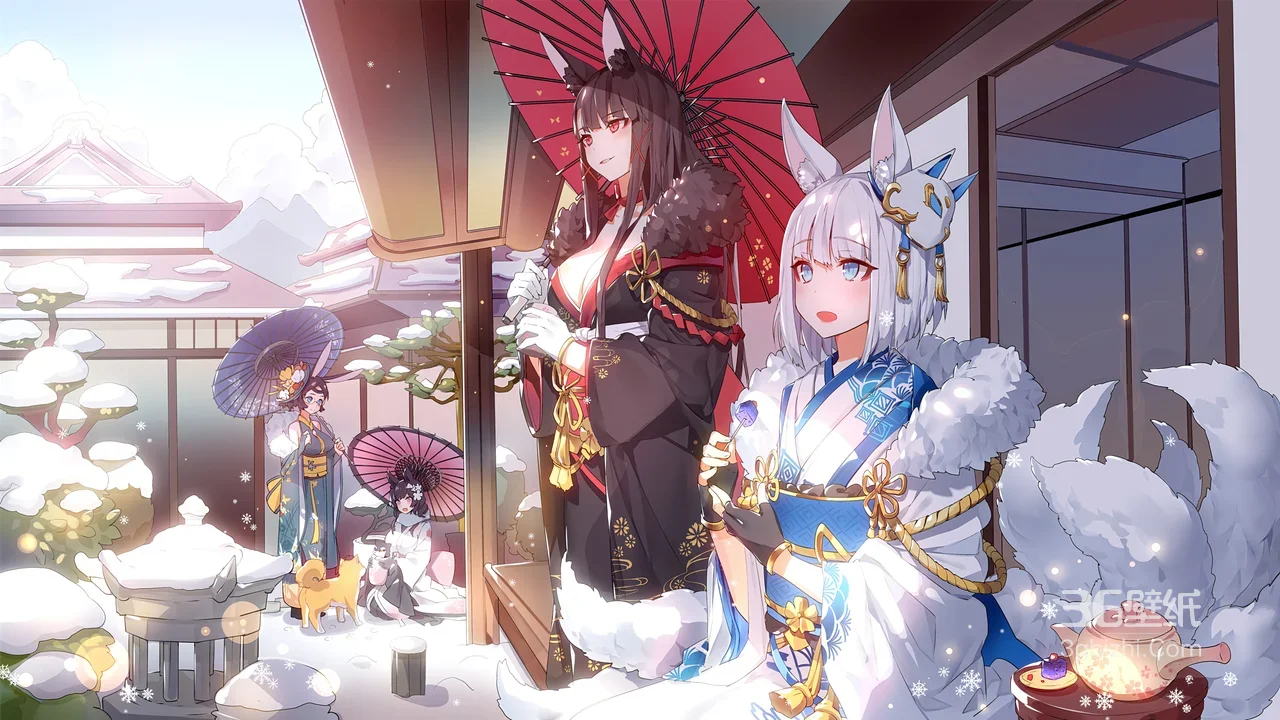 白狐多尾&黑狐和服少女 二次元国风雪景冬日壁纸1