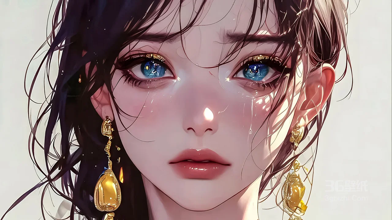 唯美写实插画少女·华丽金饰耳坠 湿润发丝 超宽屏壁纸1