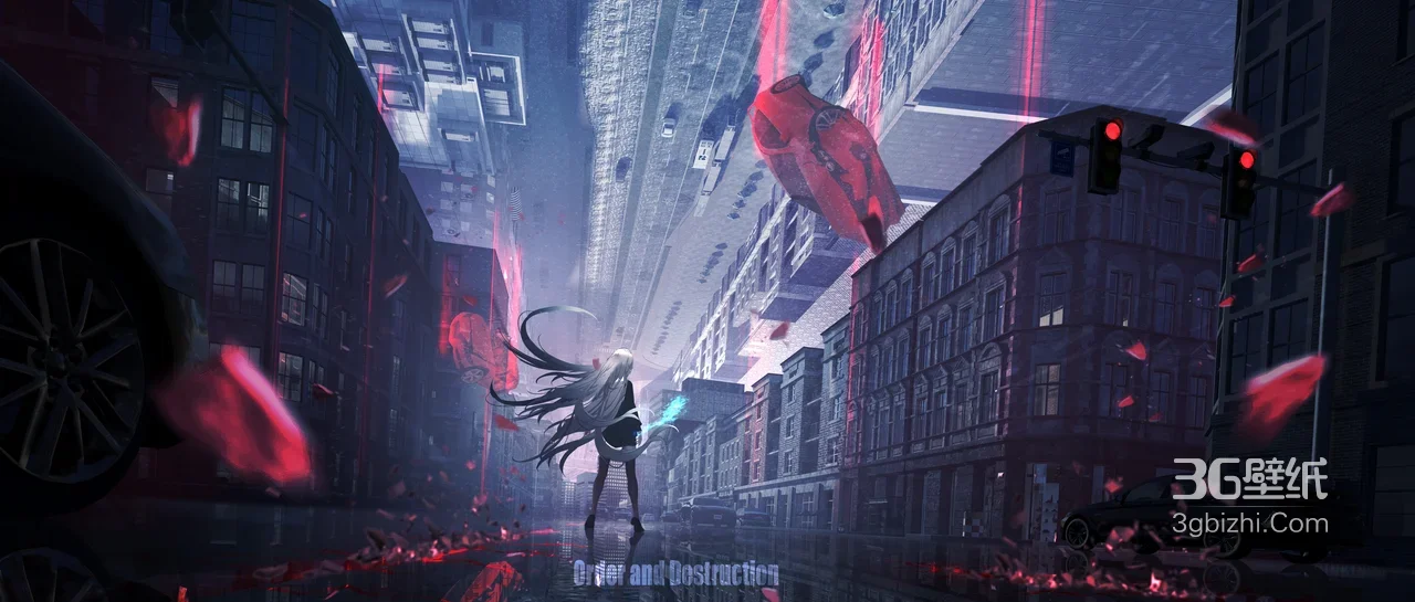 银发黑裙少女·赛博朋克倒置都市 暗黑动漫风电脑壁纸（赛博朋克城市壁纸）1