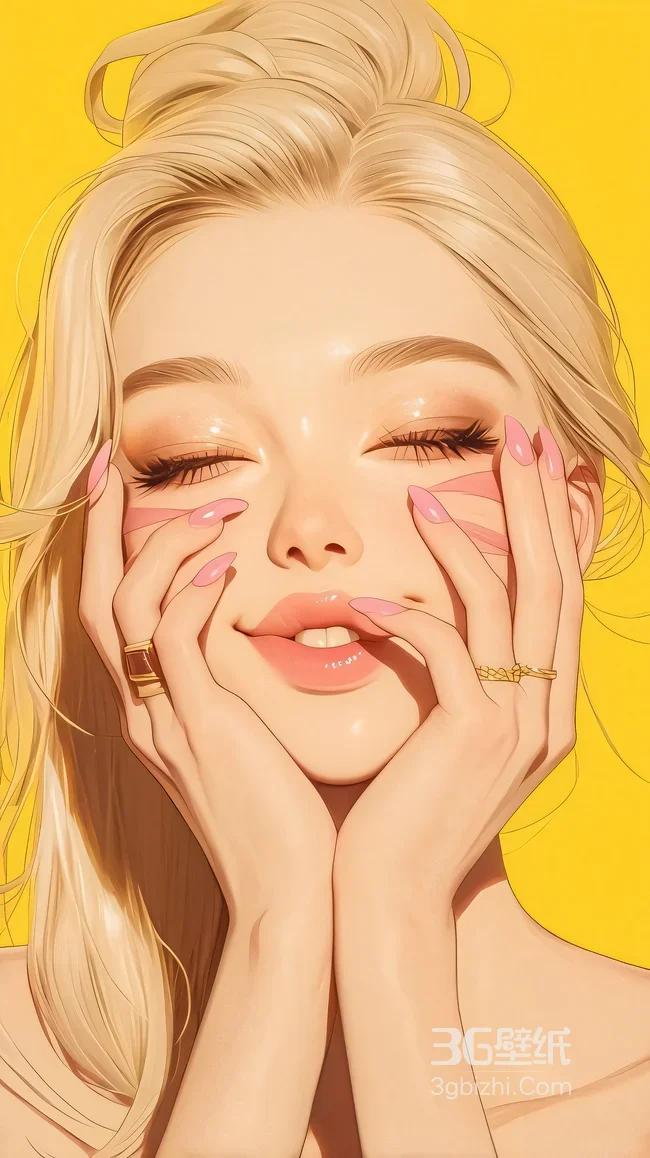 金发少女·粉美甲暖黄 唯美插画风 高人气手机壁纸素材1
