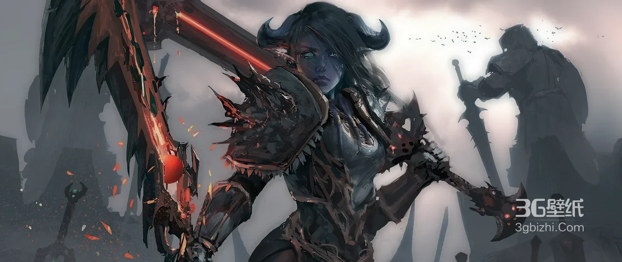 暗黑风游戏魔角女战士·重甲巨斧 高燃战斗电脑壁纸1