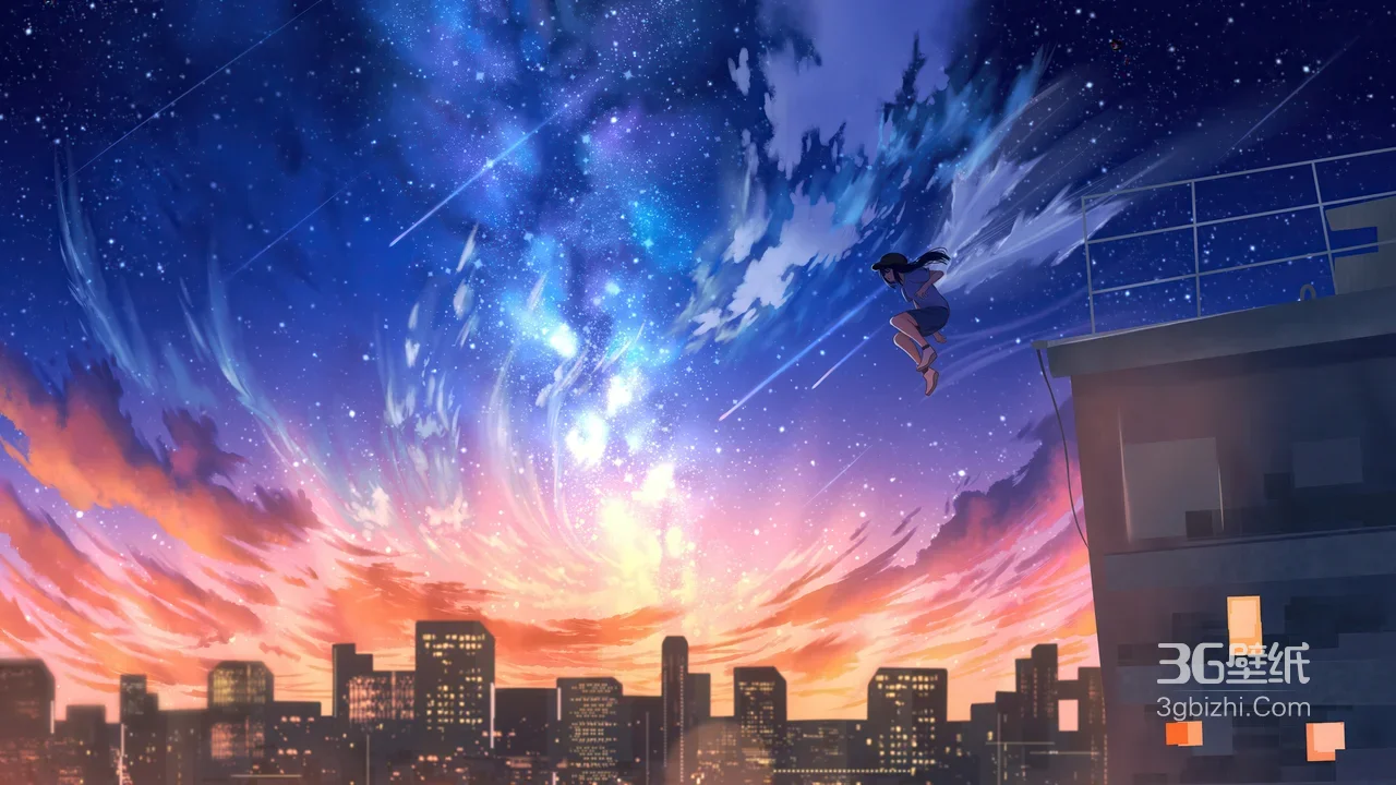 二次元少女跃向星空城市 唯美动漫风电脑壁纸（高热度：动漫城市星空壁纸）1