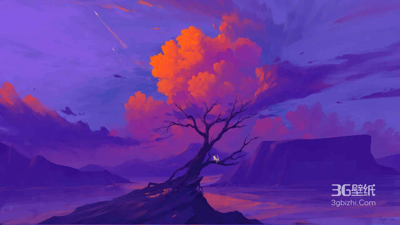 孤树橙云紫境·唯美梦幻风 猫咪宽屏电脑壁纸1