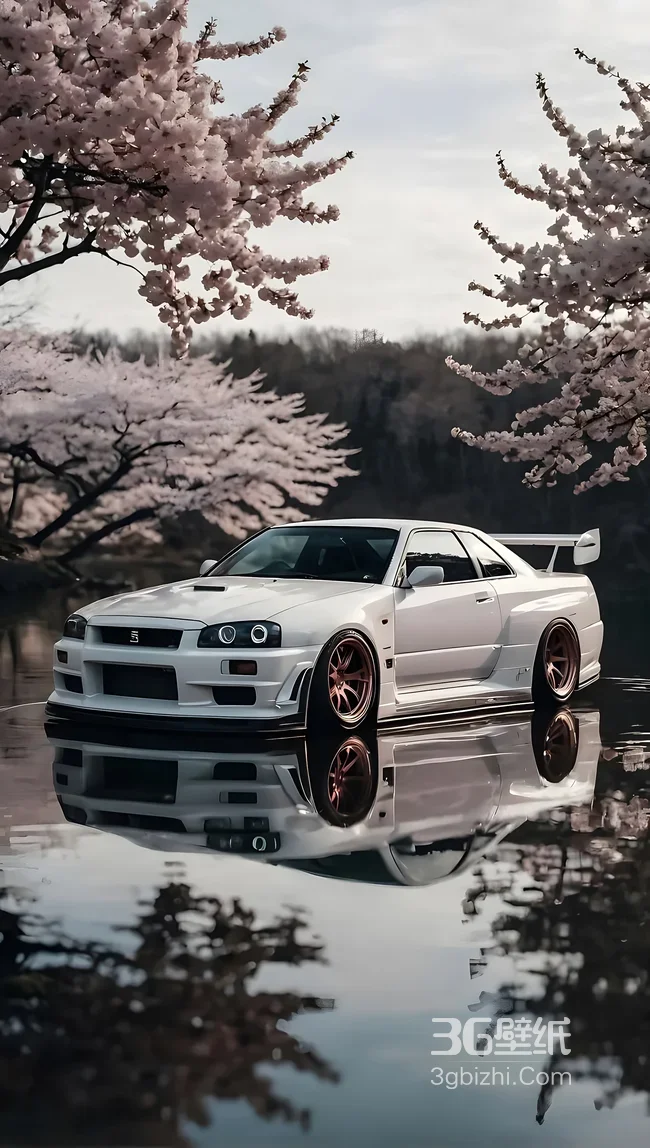 日产GTR R34·樱花倒影 唯美日系风超高清汽车壁纸1