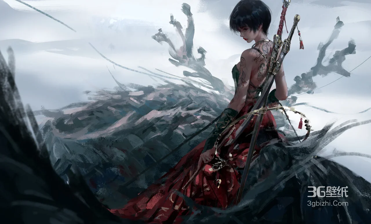 红衣纹身女剑客·国风暗黑水墨 电脑壁纸精选1