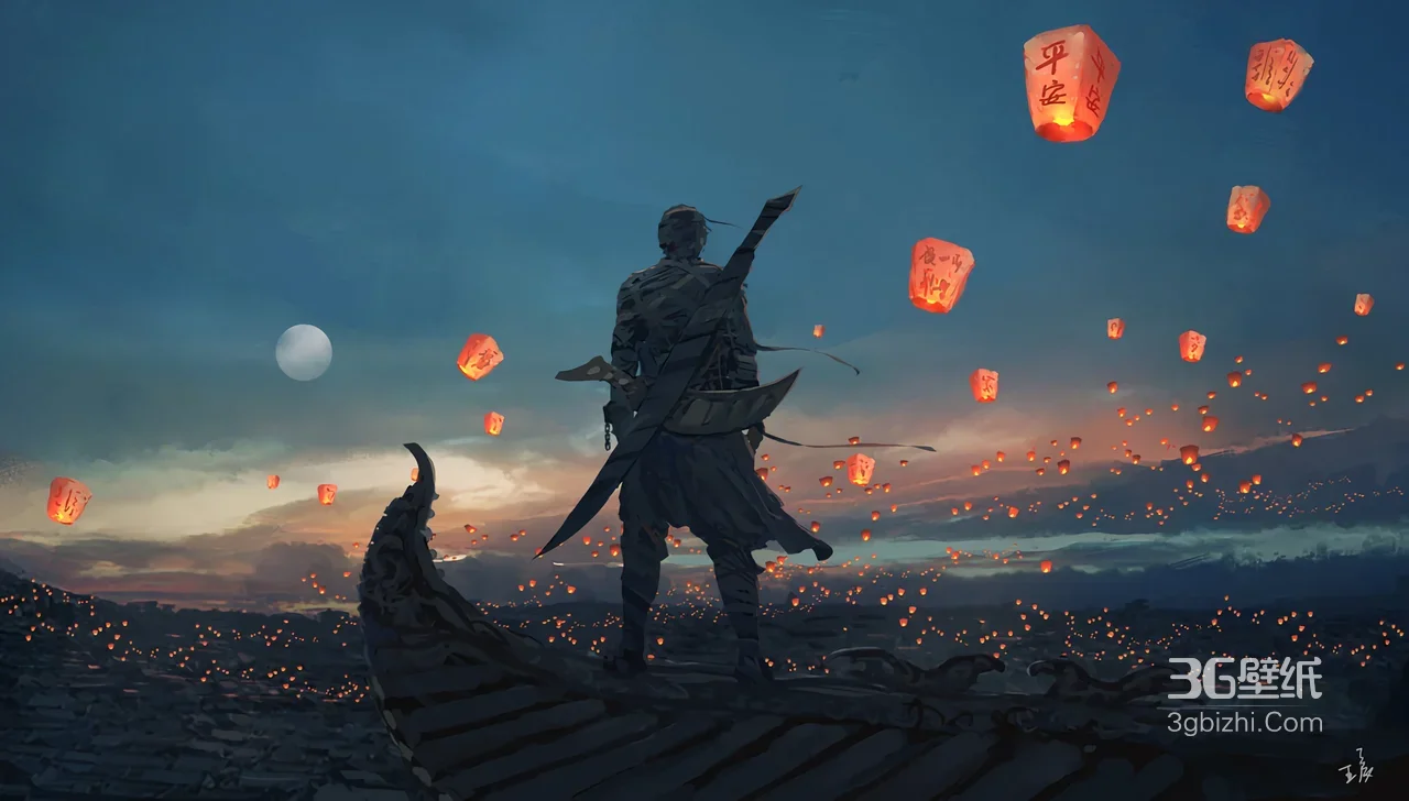 古风侠客·剑影孑立 孔明灯海国风意境电脑壁纸1