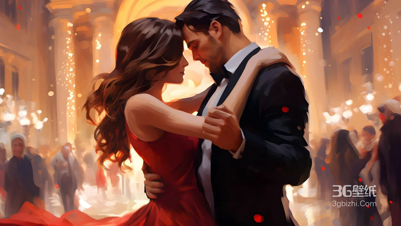 红裙女士与西装帅哥·华丽舞会 唯美油画风电脑壁纸1