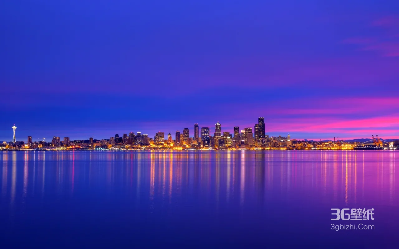 西雅图天际线·梦幻夜景 都市灯火倒影宽屏壁纸1