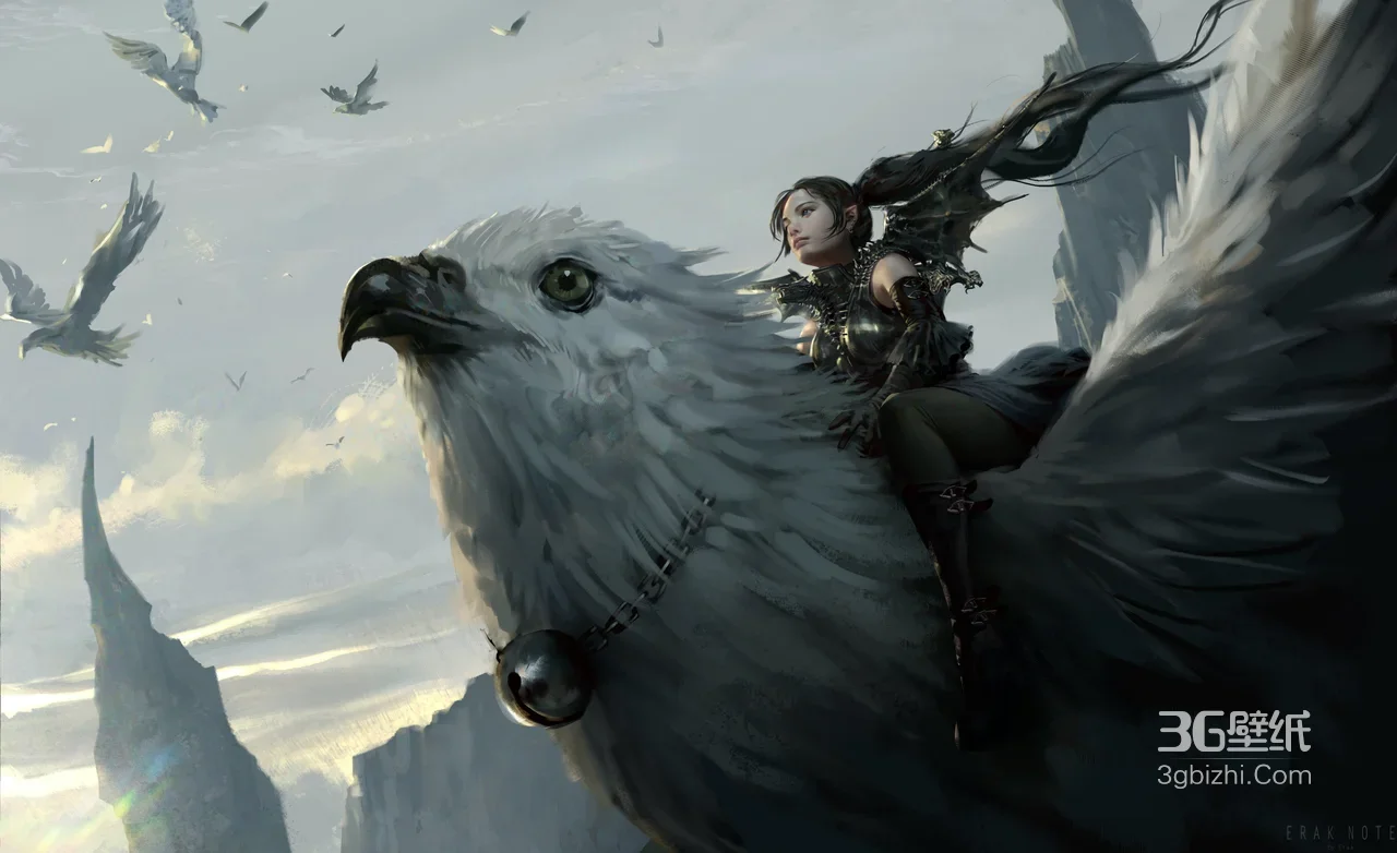 黑衣女骑巨鹰·写实暗黑风概念插画 宽屏车机壁纸1