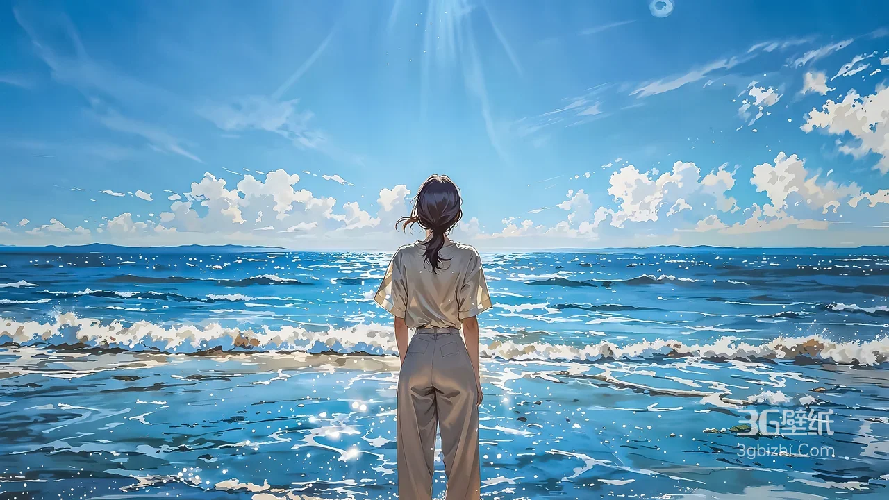 海边少女背影·唯美二次元·碧海晴空治愈系电脑壁纸1