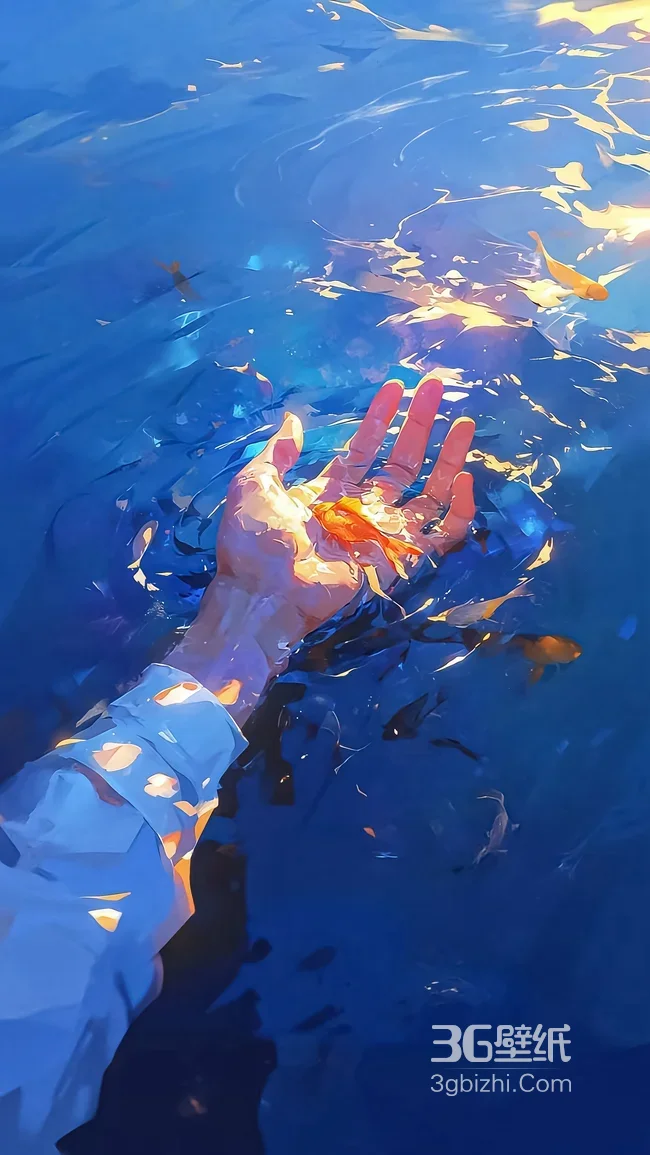 手捧金鱼·蓝调水境 唯美油画风治愈系手机壁纸1