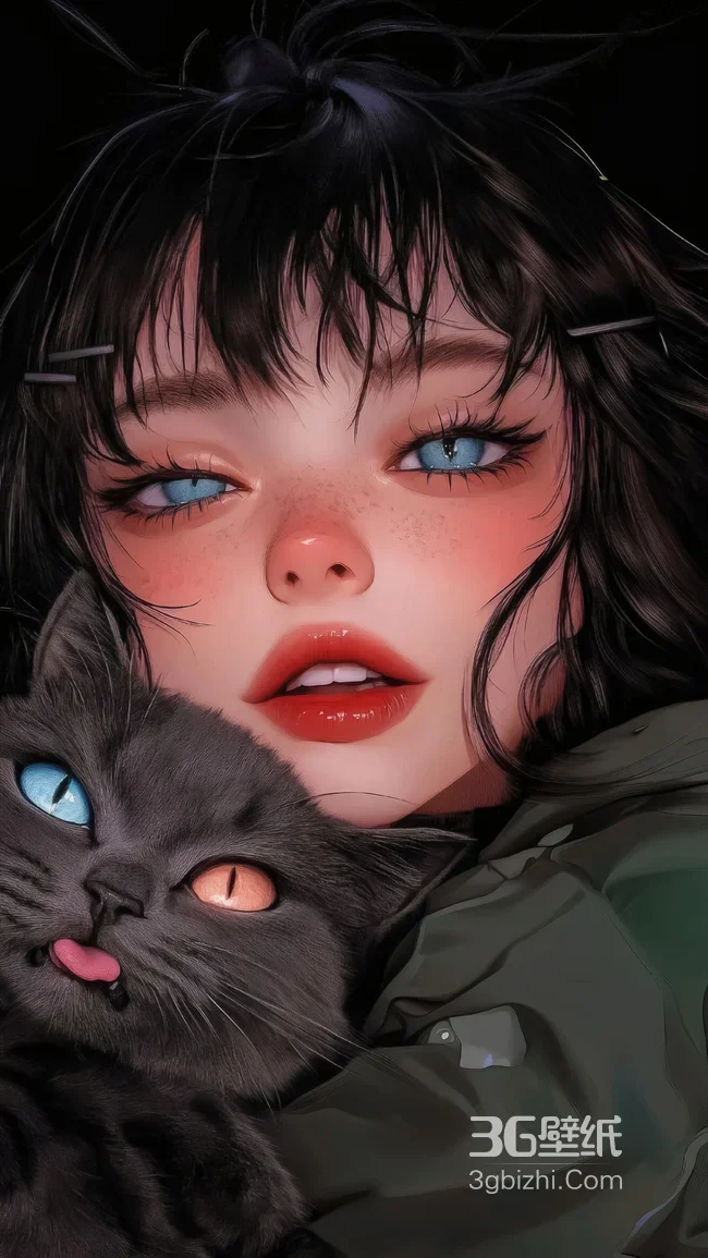 黑发女孩&异色瞳黑猫·写实插画风 高人气个性手机壁纸1