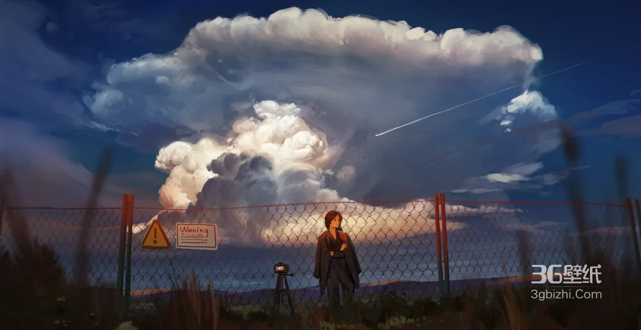荒野观测者·写实插画风 铁丝网警告牌与巨云 高质感电脑桌面背景1