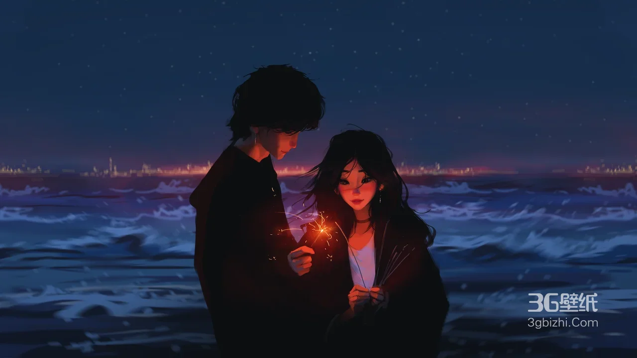 情侣·海边烟花星火 唯美插画风高质感电脑壁纸1