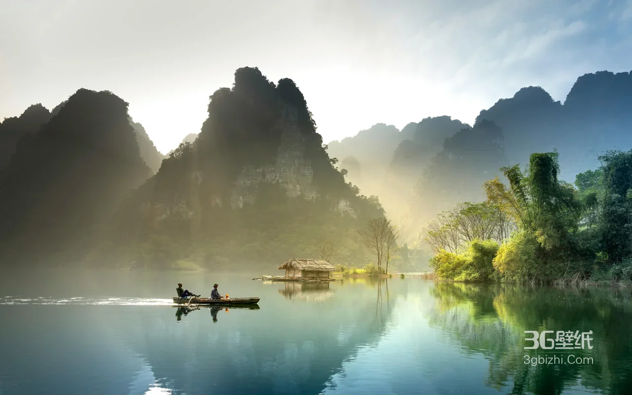 渔夫泛舟湖光山色·唯美国风山水 清新电脑桌面背景1