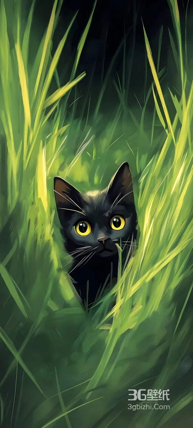 黑猫咪·金黄眼 草丛间 唯美插画风治愈系壁纸1
