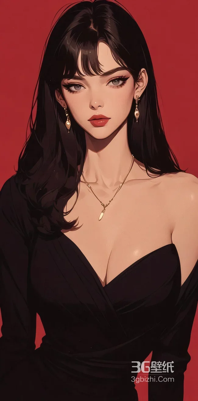 黑长卷发御姐·精致写实插画 高级感手机壁纸1