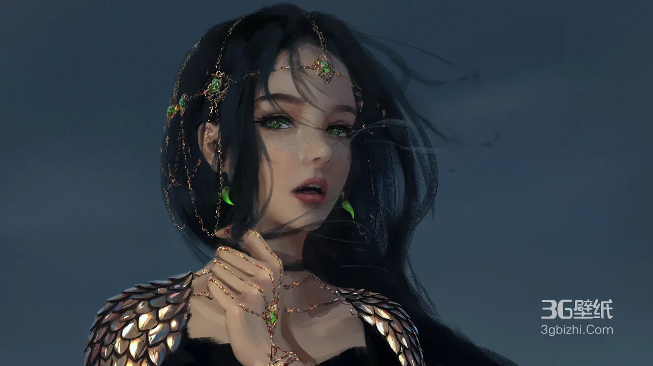 黑长直绿眸神秘女角色·金饰鳞甲·写实唯美宽屏奇幻风1