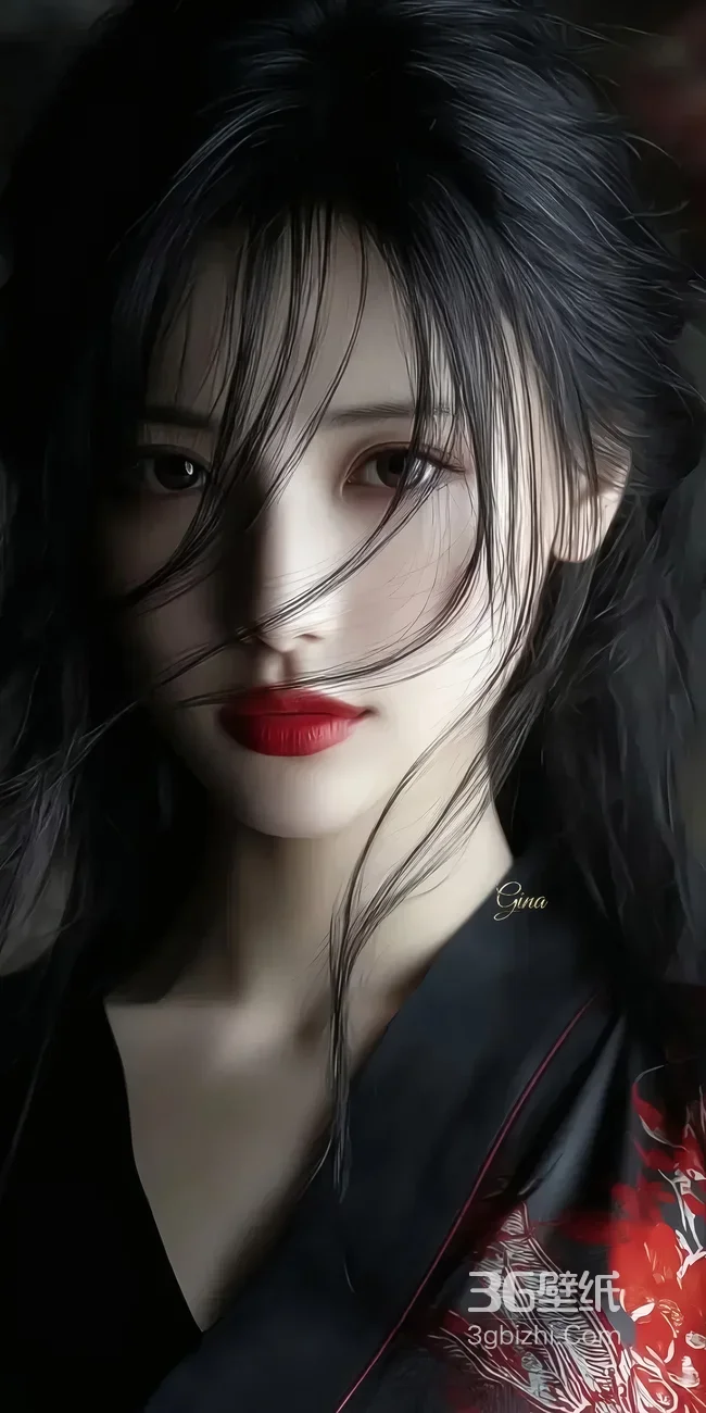 Gina·发丝飘逸红纹衣饰 暗黑国风高质感人物壁纸1