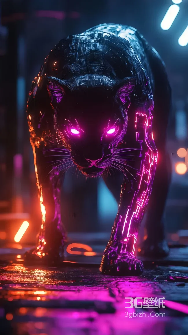 赛博朋克机械黑豹·霓虹紫眸机械纹理 未来风手机壁纸1