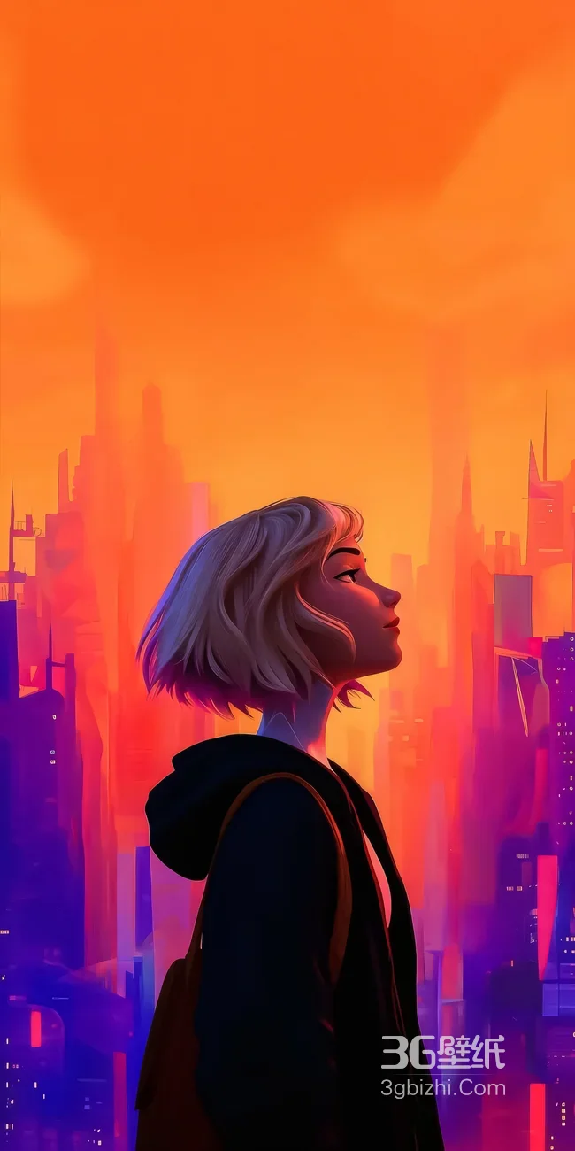 短发少女·赛博朋克都市 橙紫霓虹未来感手机壁纸1