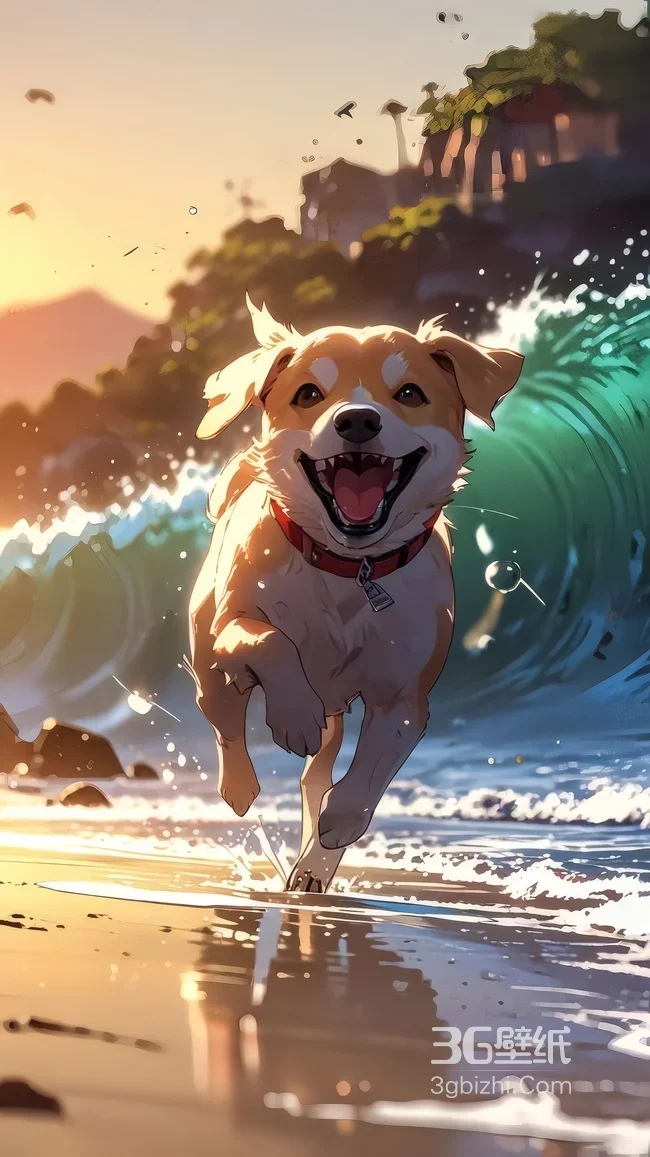 欢跑的狗狗·二次元插画风 海滩海浪夕阳治愈壁纸1