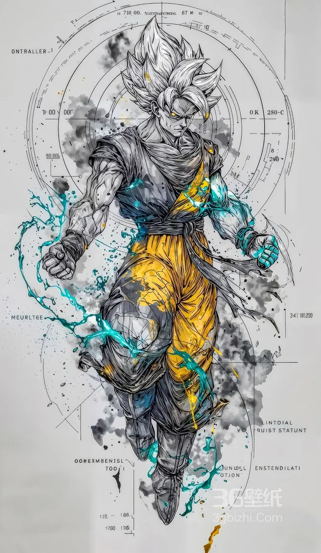 孙悟空·超级赛亚人能量涌动 水墨科技风龙珠高燃手机壁纸1