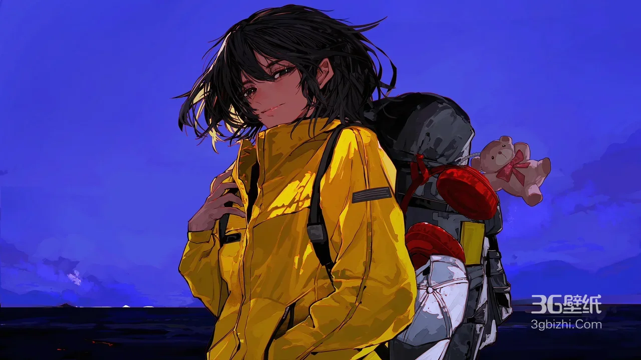黑发少女·黄色冲锋衣背包小熊 二次元写实电脑壁纸1