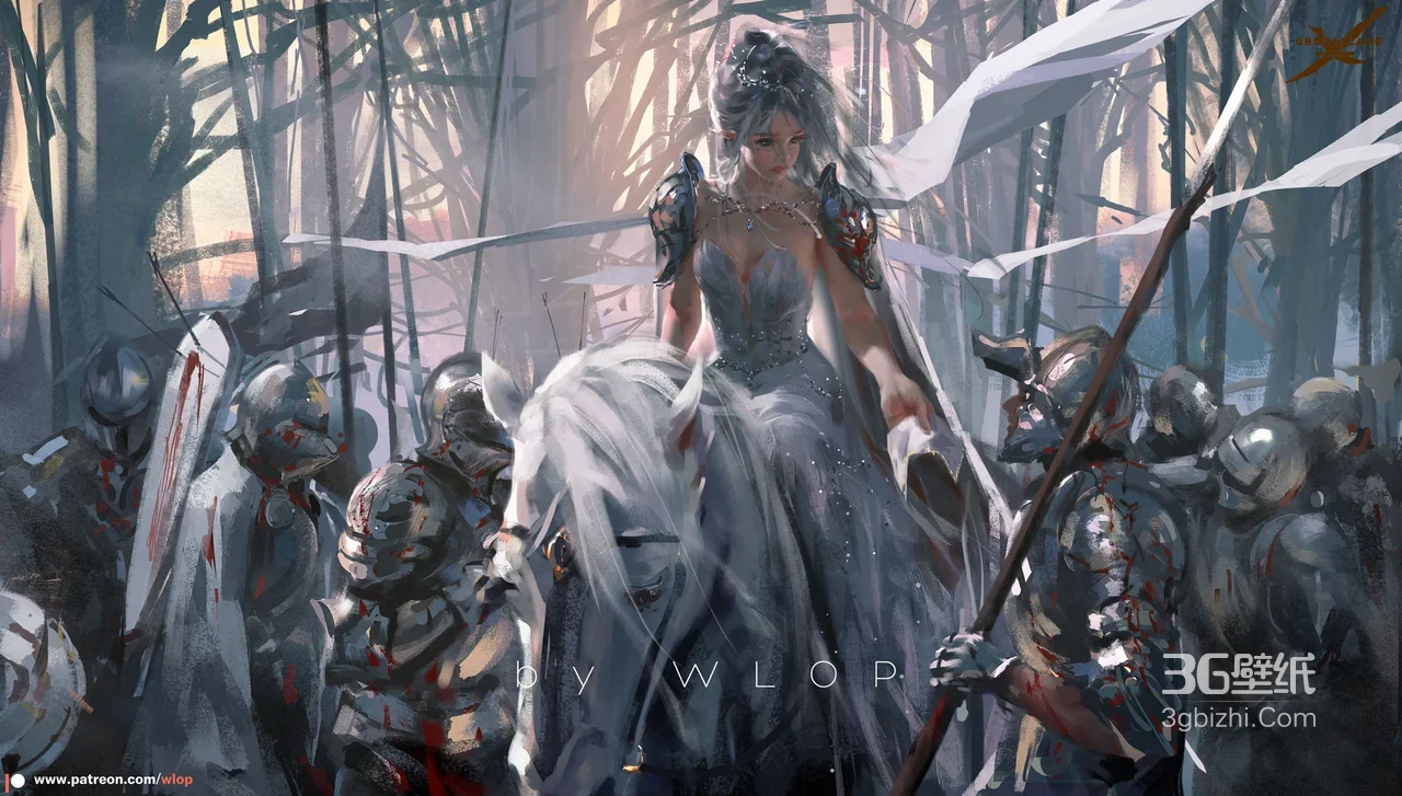 白衣女骑士骑白马 WLOP唯美暗黑插画 战场宽屏电脑壁纸1