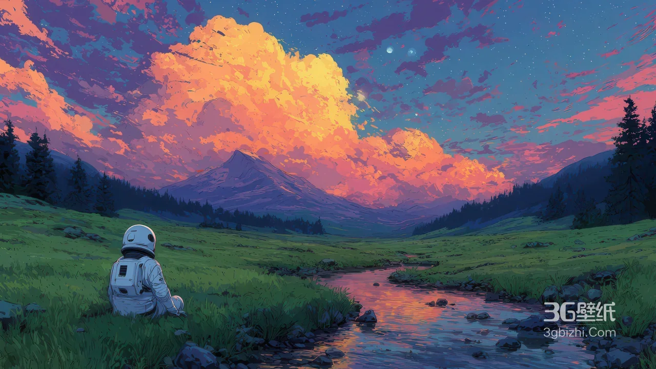 宇航员独坐山谷溪流 治愈系唯美插画风电脑壁纸1