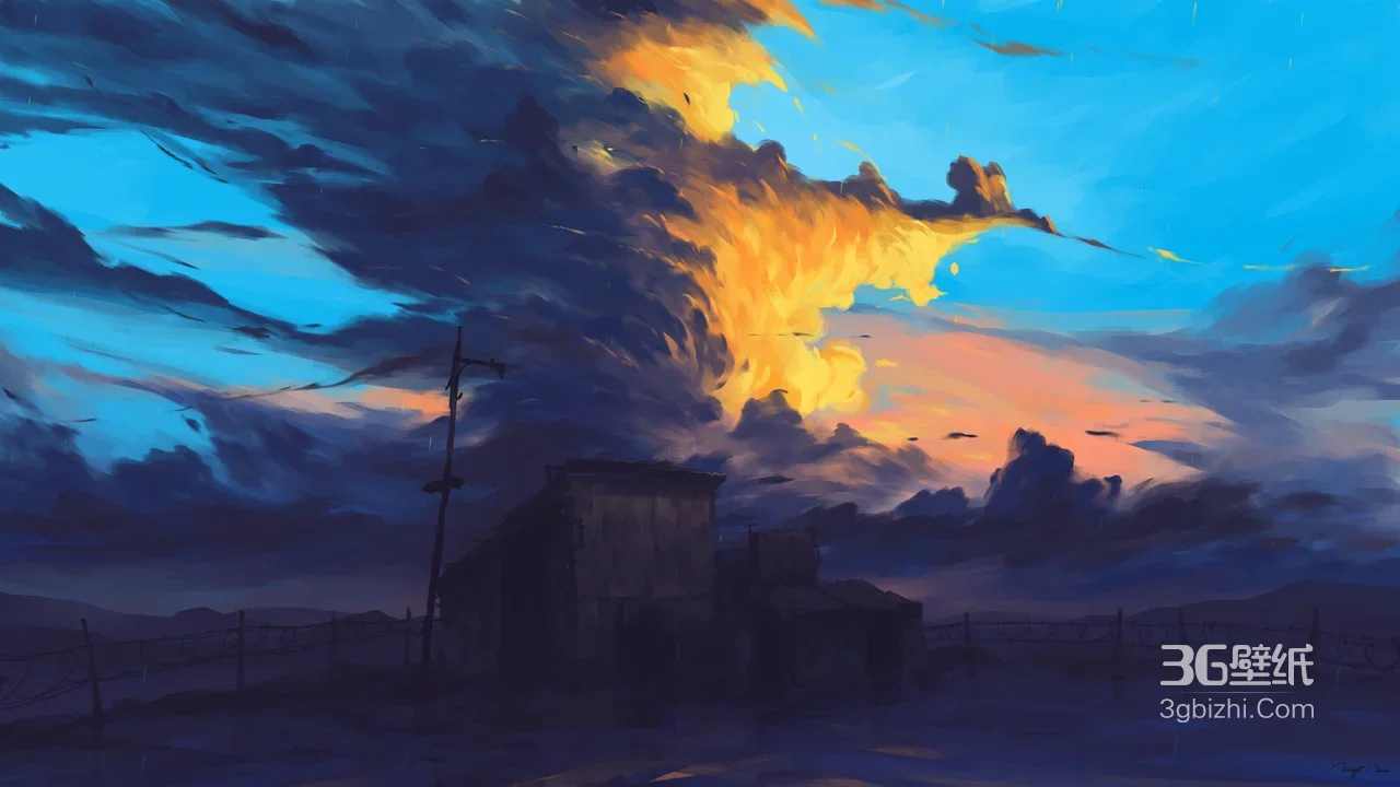 荒野小屋·火烧云暮色·写实油画风电脑桌面背景1