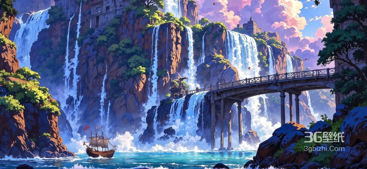 瀑布古城帆船桥梁·唯美奇幻插画 高清电脑壁纸1