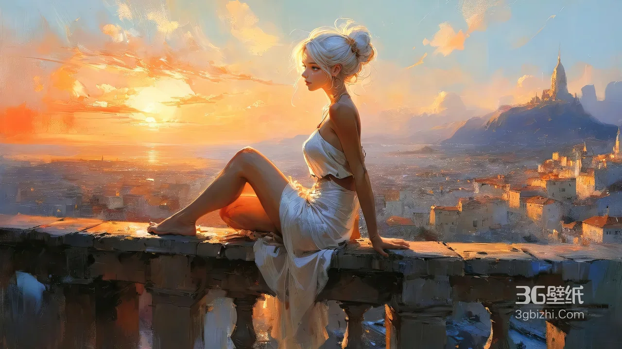 白衣女子·金发高束 唯美油画风日落古城阳台电脑桌面背景1