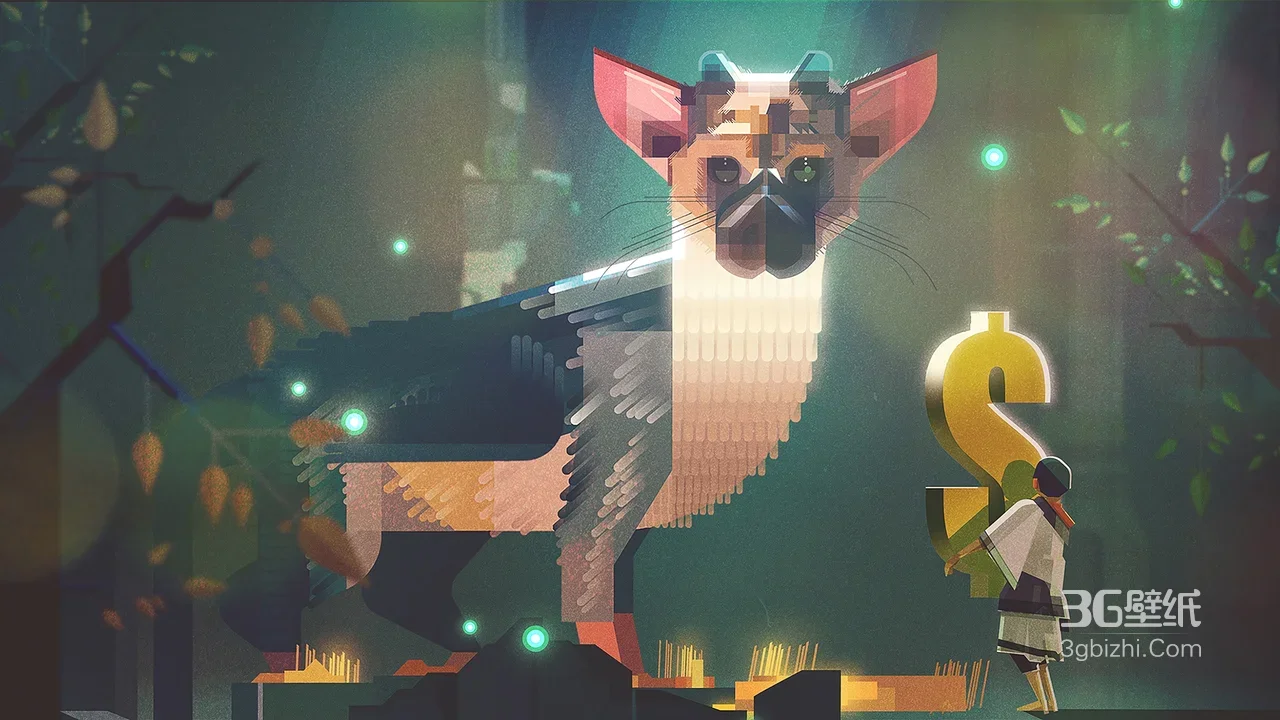 像素风奇幻森林 持$人物与巨型像素兽 插画宽屏壁纸1