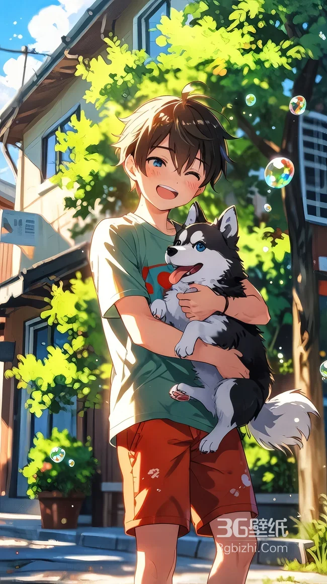 少年抱哈士奇·日系清新风 治愈系夏日壁纸1