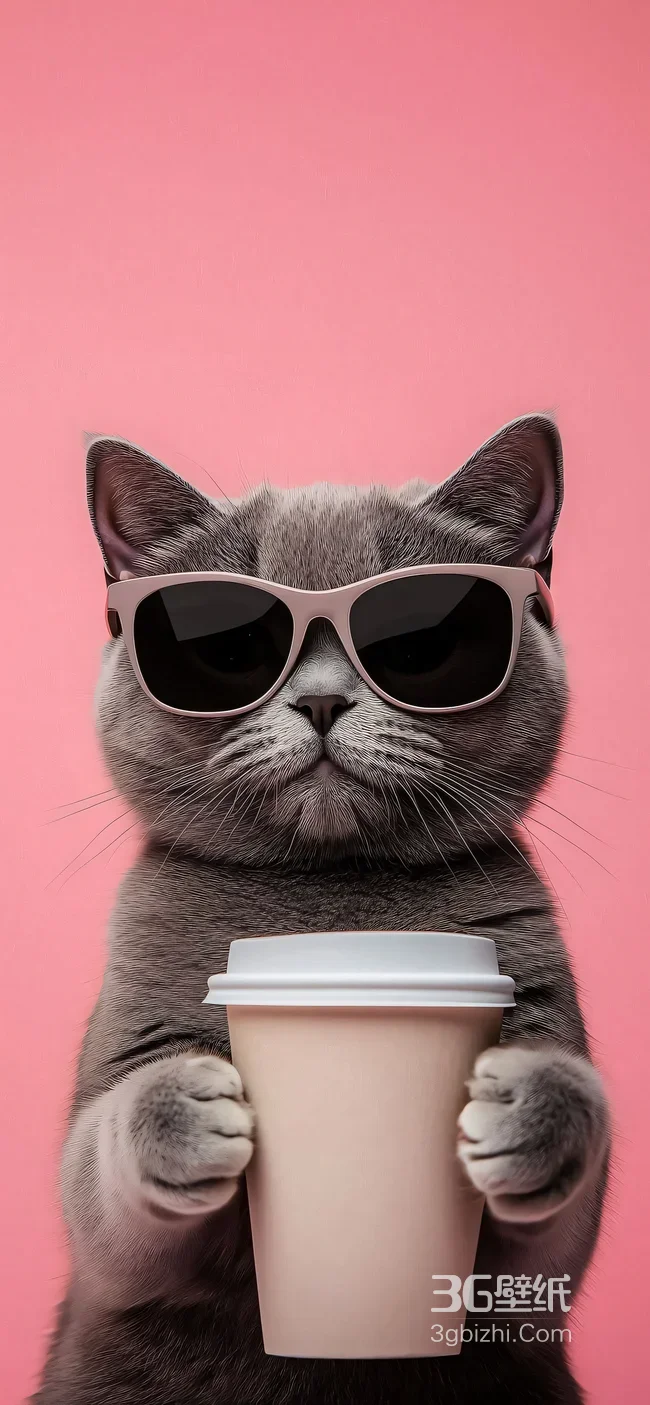 戴墨镜灰猫举咖啡杯·潮酷可爱创意手机壁纸1
