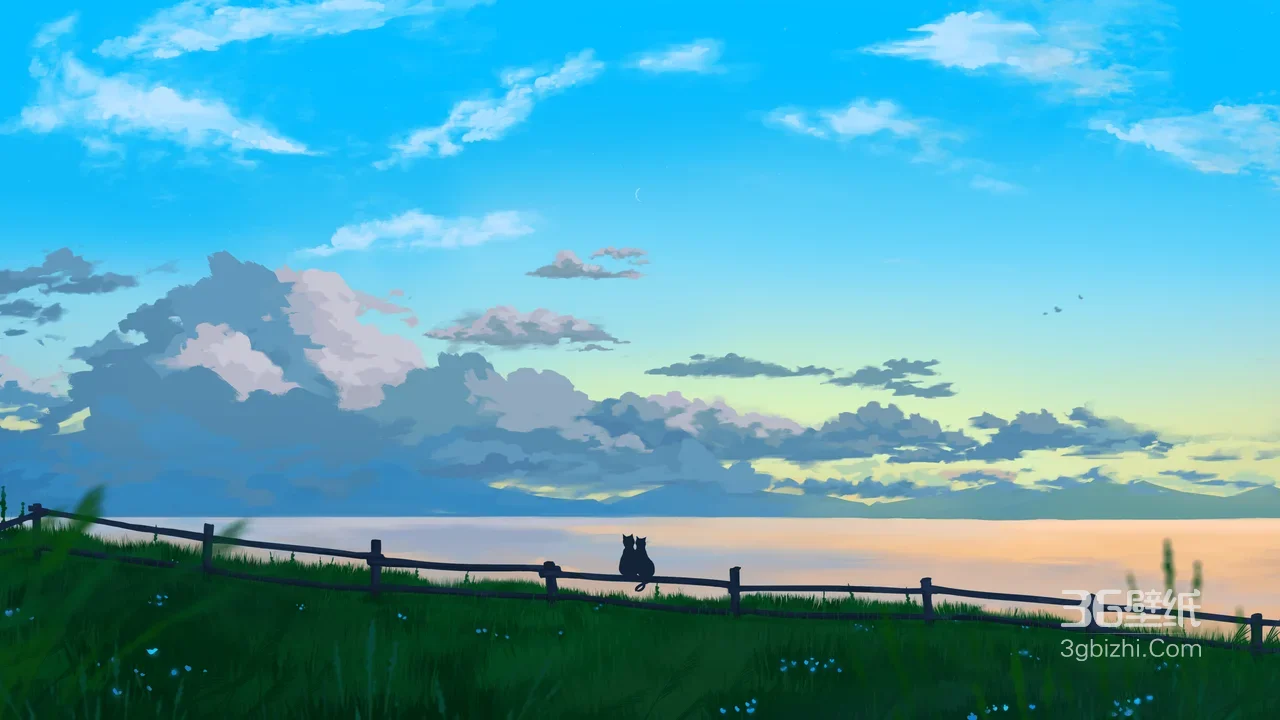 两只黑猫倚栏望湖 唯美动漫风治愈系电脑壁纸1