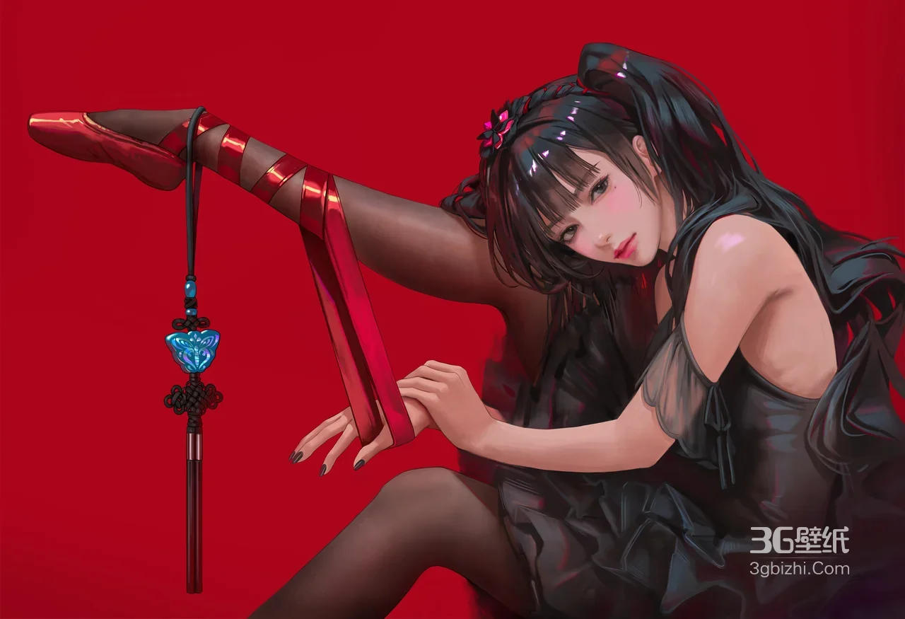 暗黑写实风双马尾少女·红丝带国风挂饰 宽屏车机壁纸1