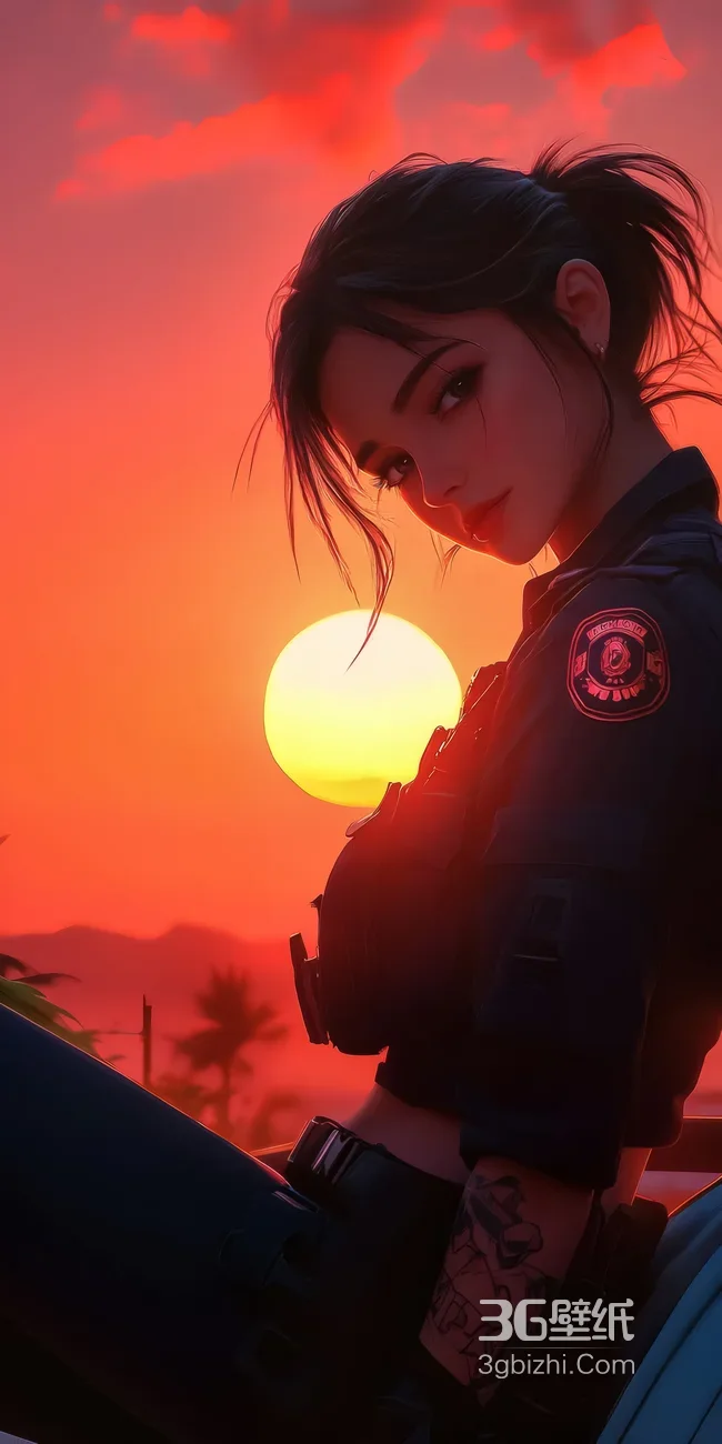 飒气制服纹身少女 写实风日落光影超飒手机壁纸1
