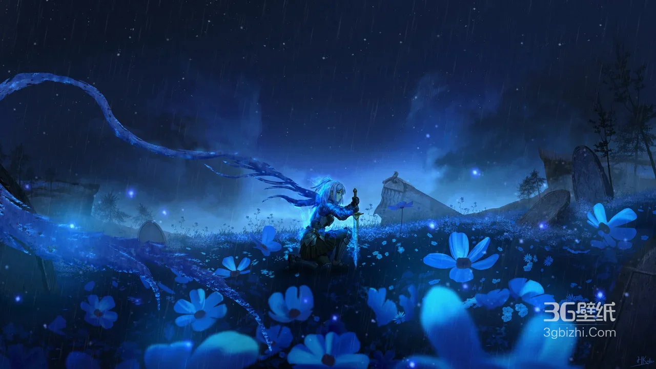蓝发持剑骑士·雨夜花海墓碑 唯美暗黑二次元高热度电脑壁纸1