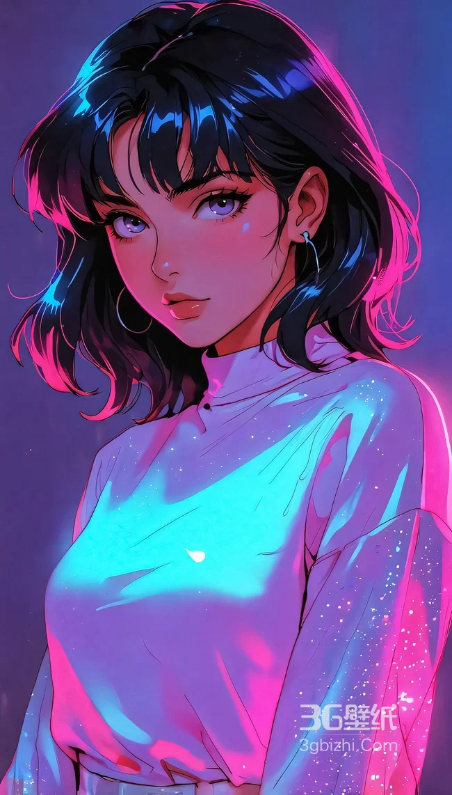 短发少女·赛博朋克霓虹二次元插画 高人气霓虹风手机壁纸1