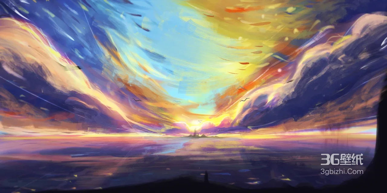 海面日落孤岛·梦幻油画风宽屏车机壁纸1