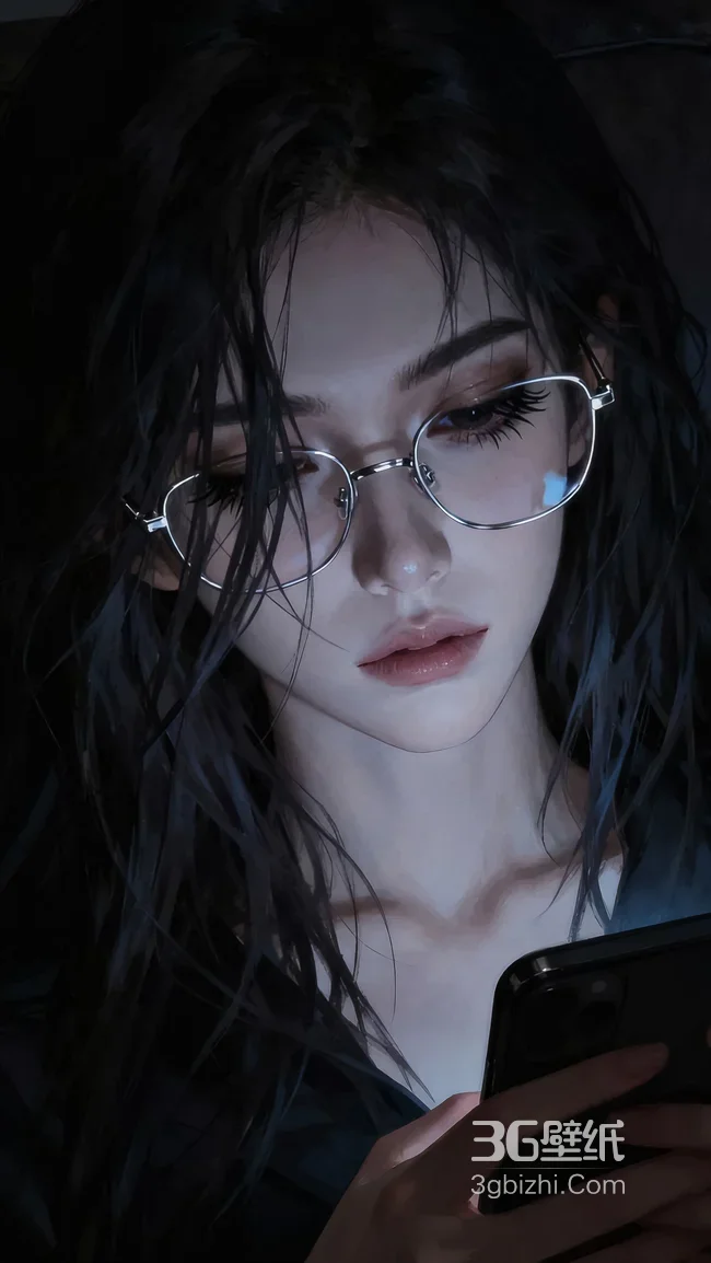 写实暗黑风戴眼镜黑发少女·氛围感手机壁纸1