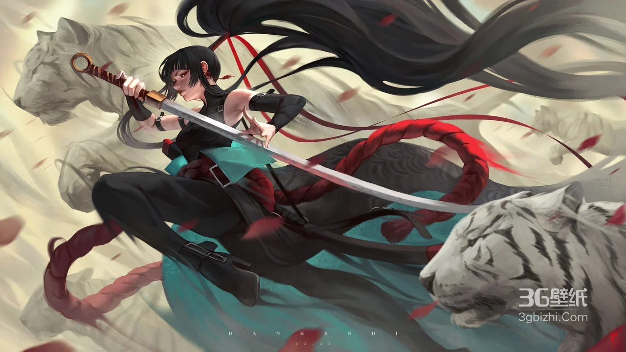 国风原创·持剑女武士白虎伴身 宽屏电脑壁纸（热度：国风武士宽屏电脑壁纸）1