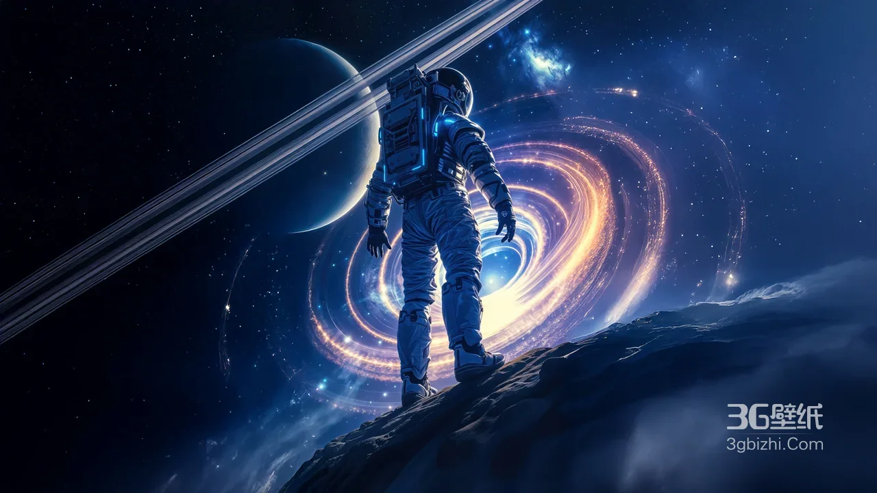 宇航员·凝视宇宙漩涡 带环行星科幻风 超现实太空壁纸1