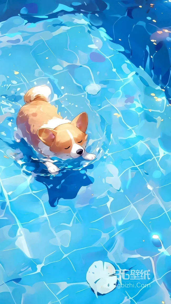 柯基·泳池戏水 唯美插画风 治愈系手机壁纸1