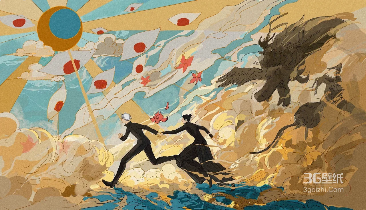 五条悟·白发&夏油杰·黑衣 国风奇幻跑酷 咒术回战电脑壁纸1