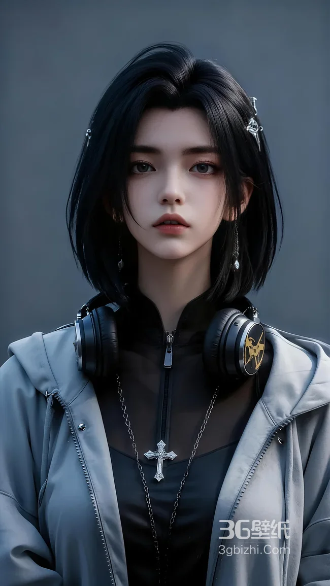 暗黑潮酷短发少女·十字架耳机装饰 高质感手机壁纸1