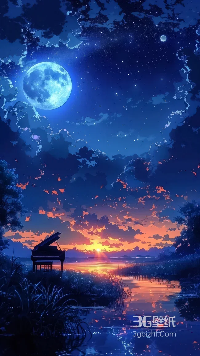 二次元唯美湖畔钢琴·月夜日落交织超高清氛围感壁纸1